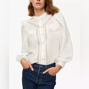 MNG MANGO Blouse Top White Ruffle Lace Size L